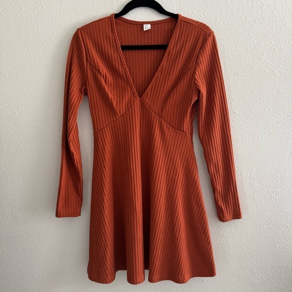 Ribbed Long Sleeve Dress in Rust Orange
